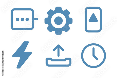 Simple icons representing various functions including settings, upload, time, and power symbols