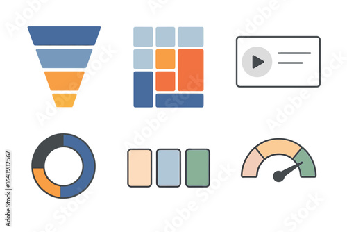 Various digital icons representing data visualization techniques for business analytics and presentation tools