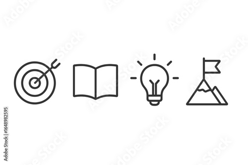 Illustrations of goal setting, learning, idea generation, and achievement in a minimalist style