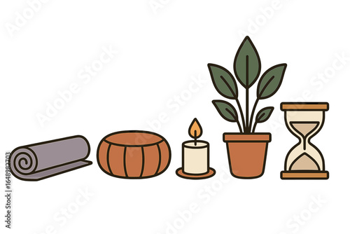 Yoga accessories including mat, cushion, candle, plant, and hourglass create a serene meditation atmosphere