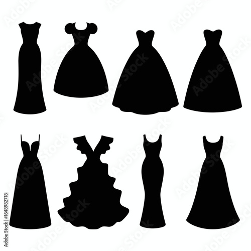 Collection of elegant evening gown silhouettes isolated on white background silhouette