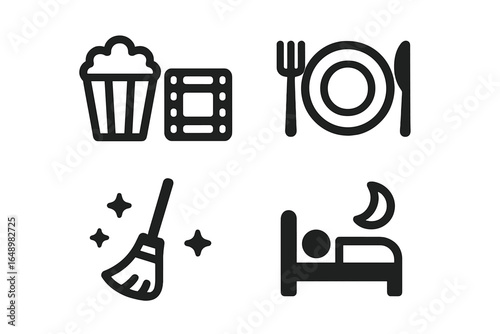 Evening activities including movie watching, dining, cleaning, and bedtime routine in a cozy home setting
