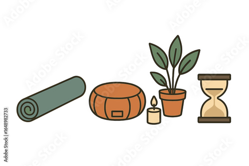 Yoga mat, cushion, plant, candle, and hourglass arranged for a tranquil meditation setting at home