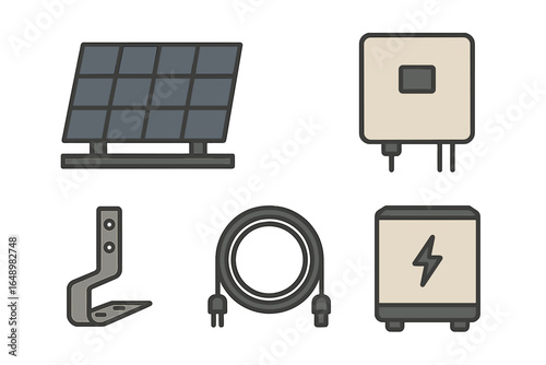 Solar energy components displayed on a flat surface in an organized layout featuring a panel, inverter, and necessary accessories