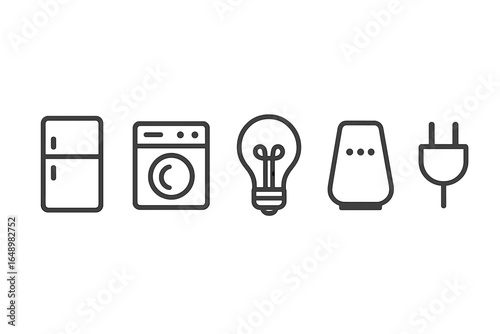 Household appliances including refrigerator, washing machine, light bulb, speaker, and plug in a modern design layout