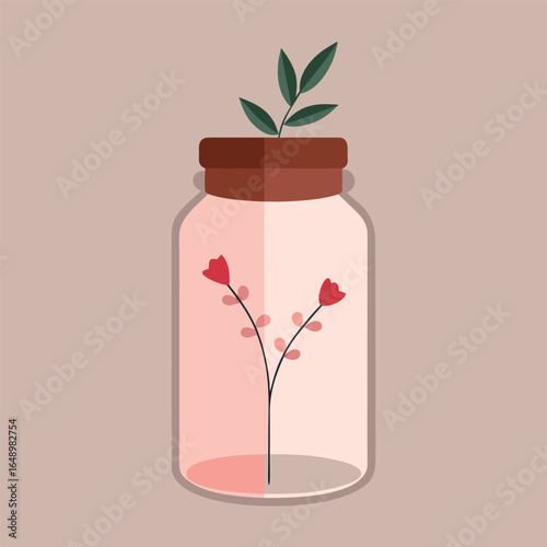 Two small red flowers grow inside a glass bottle with a cork stopper and green leaves