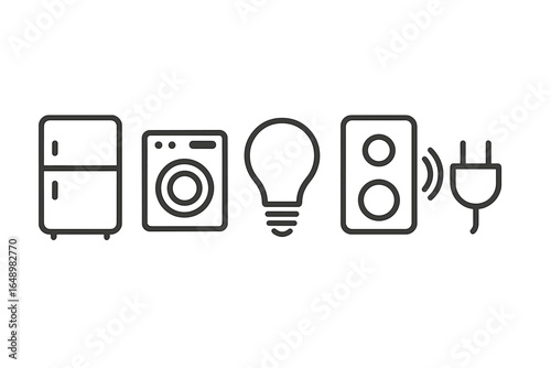 Various household appliances and electrical devices arranged in a row, showcasing modern living essentials for daily tasks and convenience