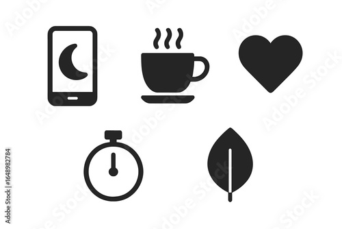 Digital icons representing night routine with coffee, relaxation, and mindfulness