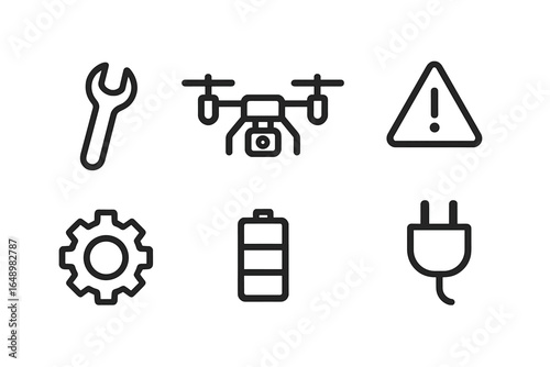 Drone maintenance tools, warning signs, and battery indicators illustrated in a graphic format