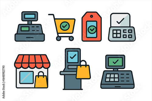 Shopping process icons depicting checkout systems, carts, and registers in a minimalist design for retail context