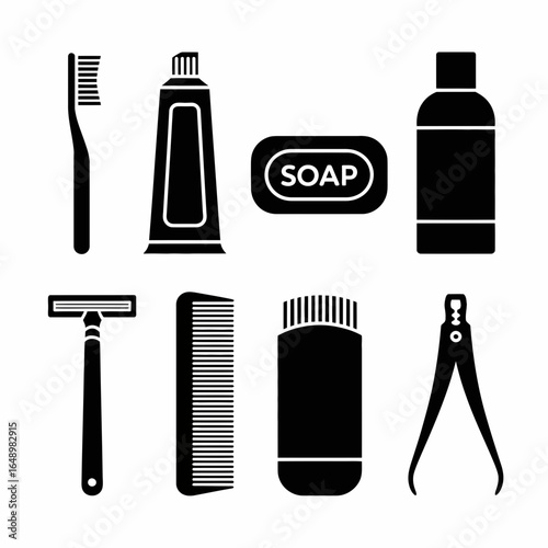 Collection of personal hygiene and grooming items silhouette isolated on white background
