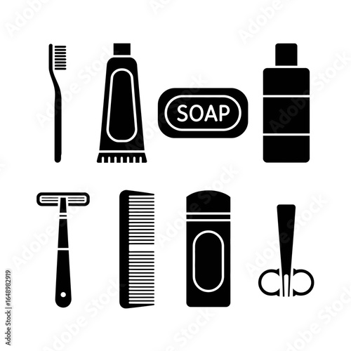 Collection of bathroom hygiene and grooming tools silhouette isolated on white background