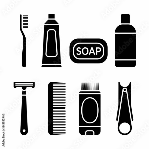Collection of personal hygiene and grooming items silhouette isolated on white background