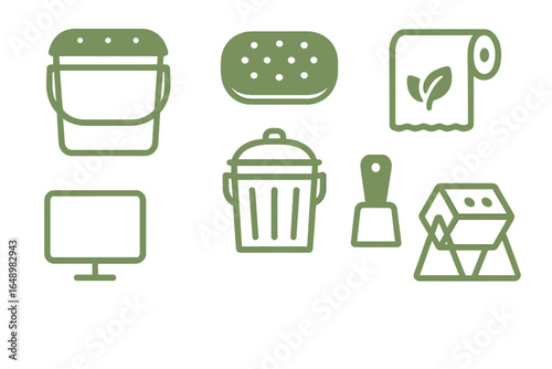 Icons representing various cleaning and organizational tools used in household maintenance and tasks for efficient home care