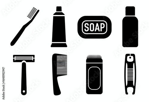 Collection of personal hygiene and grooming items silhouette isolated on white background