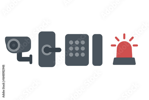 Security system elements showing components like cameras, access controls, and alarms in a modern design setup