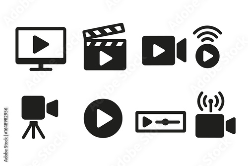 Collection of play buttons and film icons representing various media formats and production elements for digital content creation
