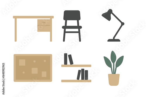 Simple modern office furniture layout featuring a desk, chair, lamp, shelves, and plants suitable for a minimalist workspace