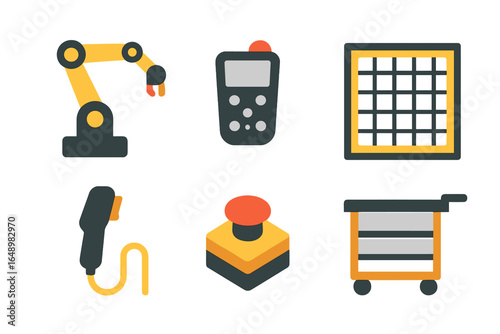 Robot arm with controller, grid display, and various tools for automation in a modern workspace setting