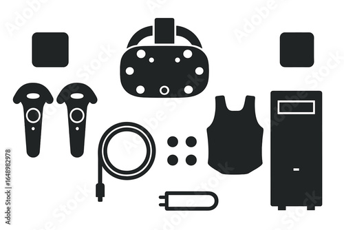 Innovative virtual reality equipment including headset, controllers, haptic vest, and computer for immersive experiences