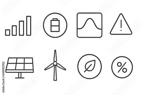 Renewable energy icons representing key concepts in sustainable technology and energy management for educational materials
