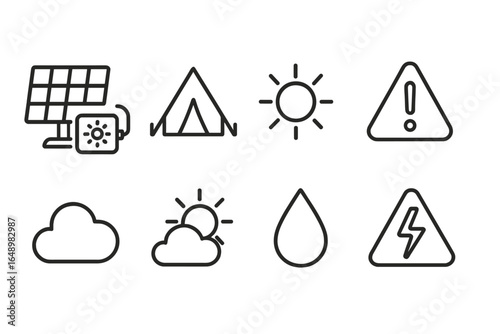 Icons representing outdoor activities, environmental awareness, and weather conditions reflected in a design for informative purposes