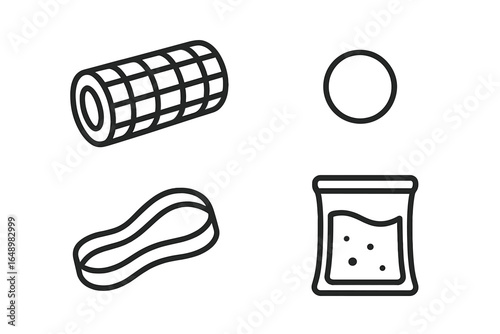 Various fitness equipment items including a foam roller, exercise ball, resistance band, and protein powder container displayed on white background