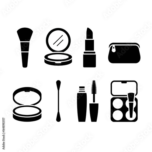 Collection of makeup items including brush compact lipstick and mascara silhouette isolated on white background