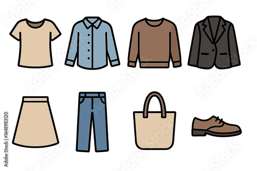 Variety of casual and formal clothing options in simple illustrations featuring shirts, pants, and accessories for everyday wear