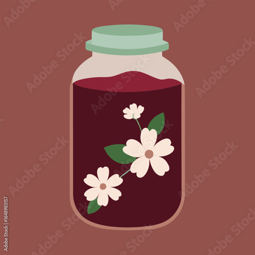 Glass jar with red liquid and white flowers, isolated on a brown background