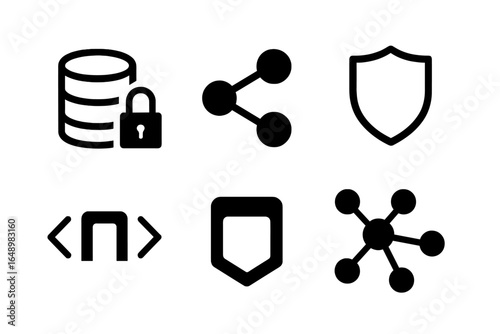 Icons representing data security, sharing, and network connections in a digital environment displaying tech concepts