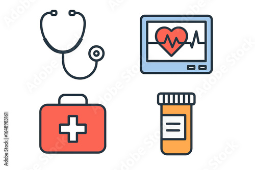 Medical tools including stethoscope, heart monitor, first aid kit, and prescription bottle displayed on a clean surface