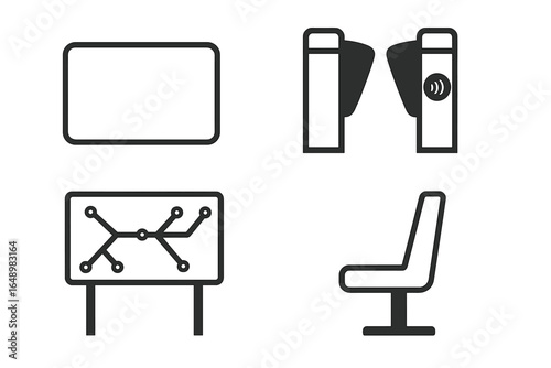 Public transit symbols indicate route, turnstile access, and seating arrangements within a city transportation system