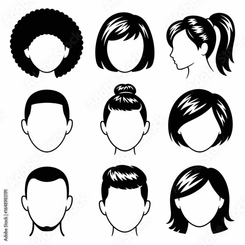 Collection of diverse hairstyles and silhouettes of faces isolated on white background