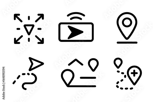 Vector icons representing navigation, video play, and location markers suitable for web applications