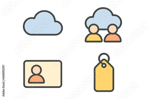 Cloud storage icons representing sharing, identification, and categorization of digital content with users