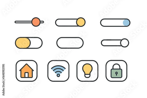 User interface elements showcasing toggles and icons for home automation features in a modern digital design