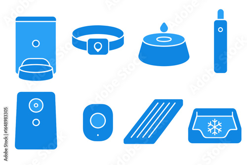Collection of blue smart home devices designed for pet care and monitoring at home
