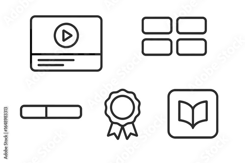 Digital icons representing multimedia elements and achievements in a minimalist style displayed on a light background