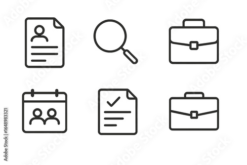 Job application process with resume, search magnifying glass, briefcase, calendar, and checkmarked document