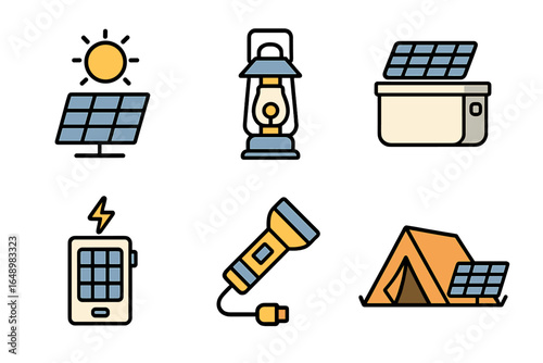 Solar energy items including panels, lanterns, and camping gear showcased for outdoor adventures and sustainable living