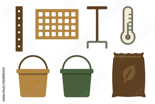 Gardening tools and supplies prepare for planting in a home garden during spring season