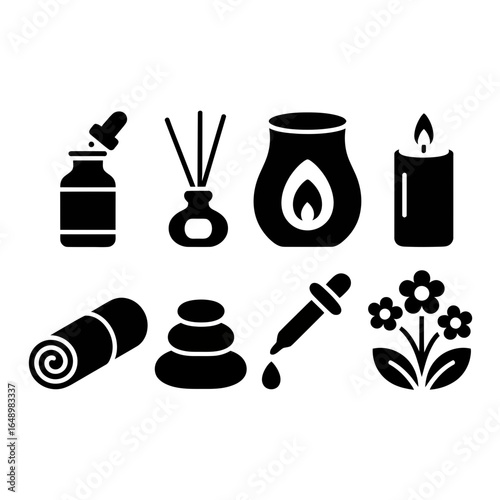 Collection of spa and wellness icons including aromatherapy and massage elements silhouette isolated on white background