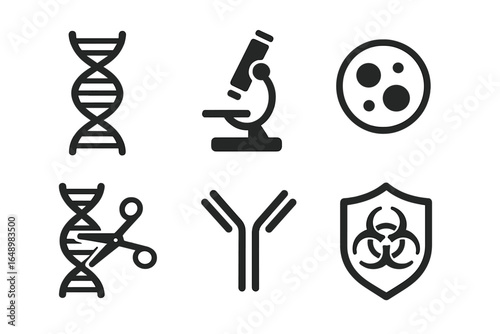 Various scientific symbols representing genetics, microbiology, and biohazard safety in a simplistic design