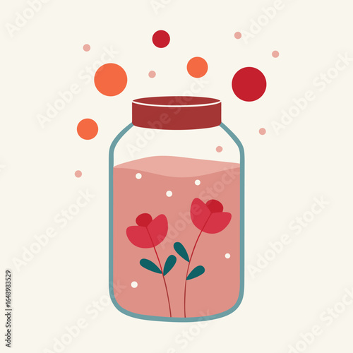 Glass jar with pink liquid and red flowers, isolated on a cream background