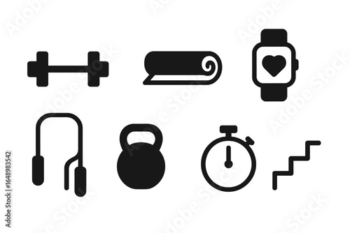 Fitness equipment icons for home workouts featuring weights, exercise mat, smartwatch, headphones, kettlebell, stopwatch, and stairs