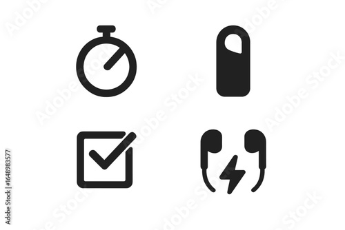 Design elements showcasing a stopwatch, sleeping bag, checklist, and headphones for an outdoor adventure theme
