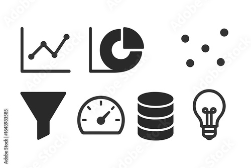 Various business and data analytics icons depicting graphs, metrics, and insights in a minimalist style
