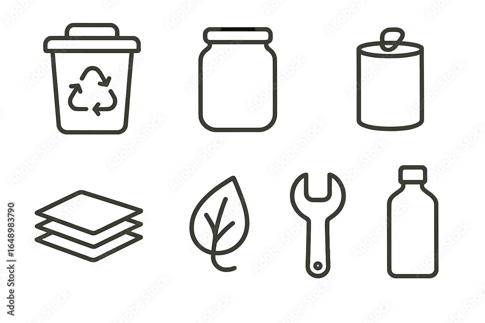 Fototapeta premium Various recycling symbols and objects arranged on a white background illustrating the importance of sustainability and waste management practices
