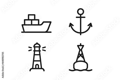 Maritime symbols featuring a ship, anchor, lighthouse, and buoy in a minimalist design